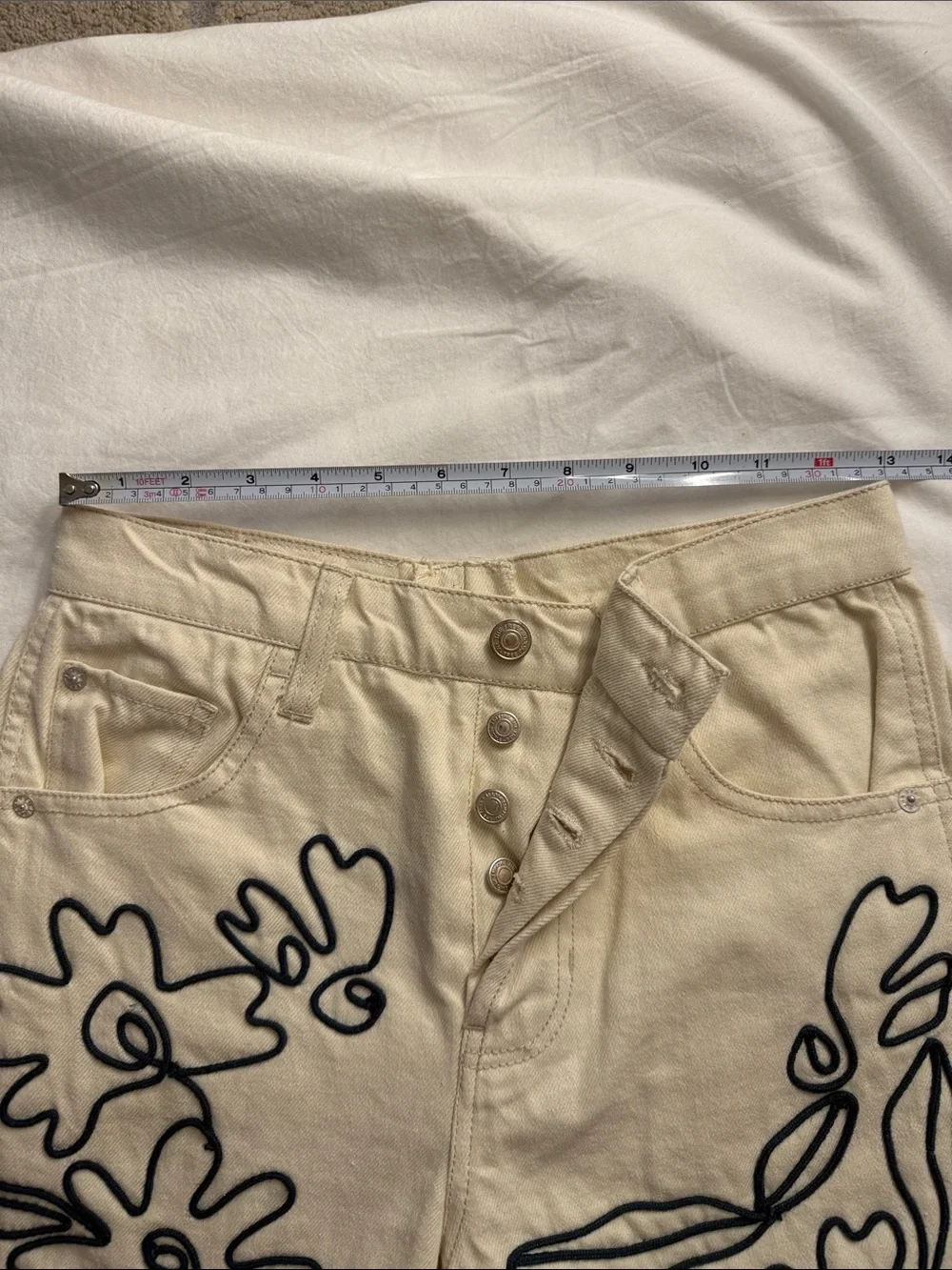 We The Free Cream Jeans with Black Floral Outline Embroidery - Picture 2 of 16